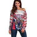 Personalised Western Bulldogs Fan Pride Off Shoulder Sweater Muscular Bulldog Mascot Graphic Art With Melbourne City Skyline