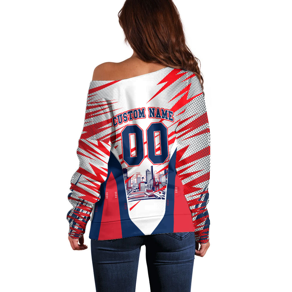 Personalised Western Bulldogs Fan Pride Off Shoulder Sweater Muscular Bulldog Mascot Graphic Art With Melbourne City Skyline