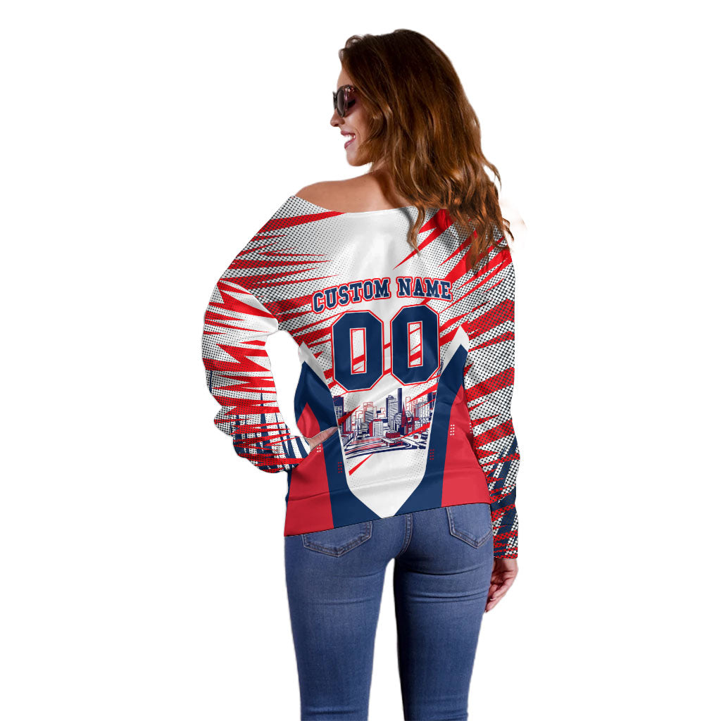 Personalised Western Bulldogs Fan Pride Off Shoulder Sweater Muscular Bulldog Mascot Graphic Art With Melbourne City Skyline