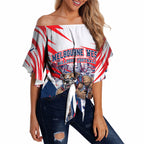 Personalised Western Bulldogs Fan Pride Off Shoulder Wrap Waist Top Muscular Bulldog Mascot Graphic Art With Melbourne City Skyline