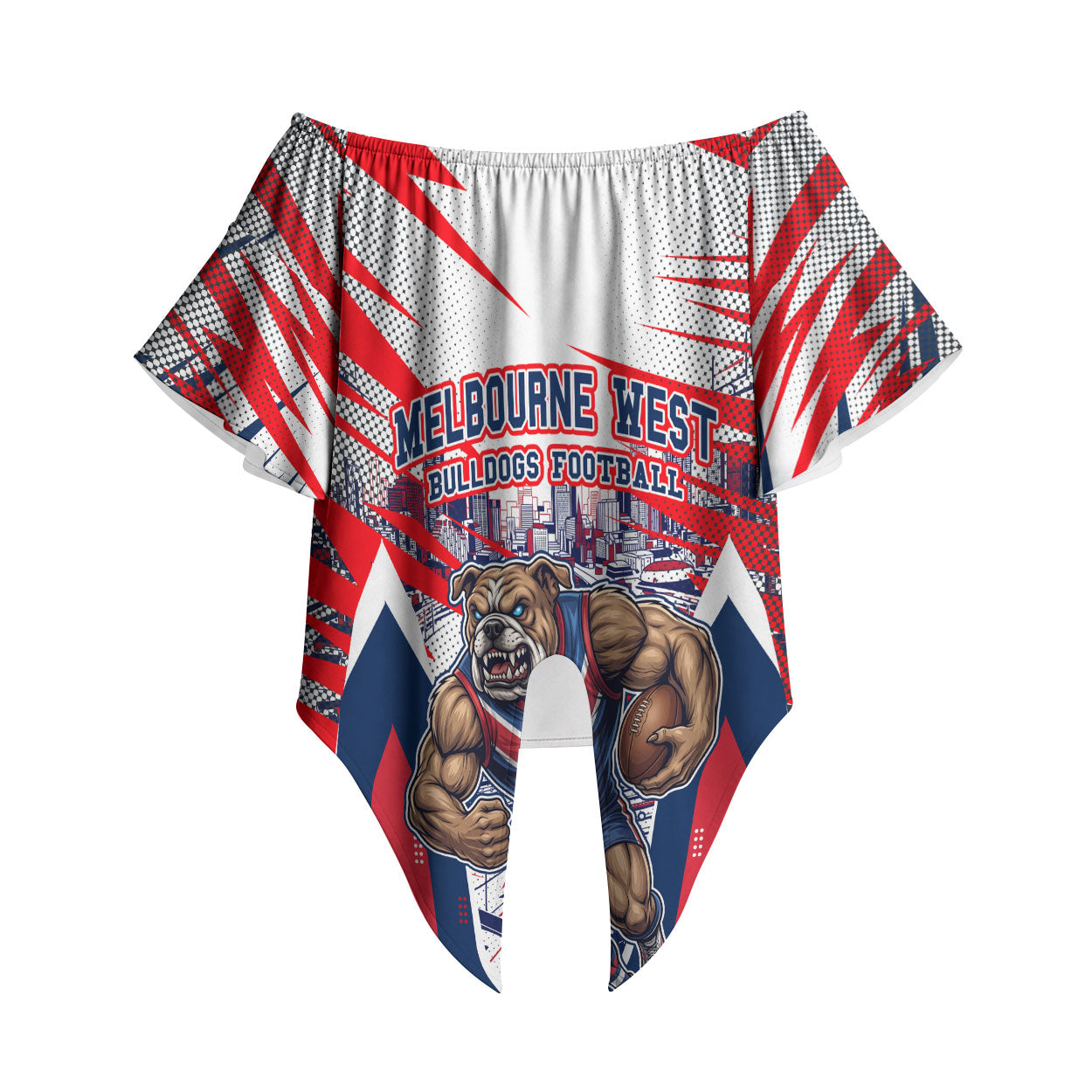 Personalised Western Bulldogs Fan Pride Off Shoulder Wrap Waist Top Muscular Bulldog Mascot Graphic Art With Melbourne City Skyline
