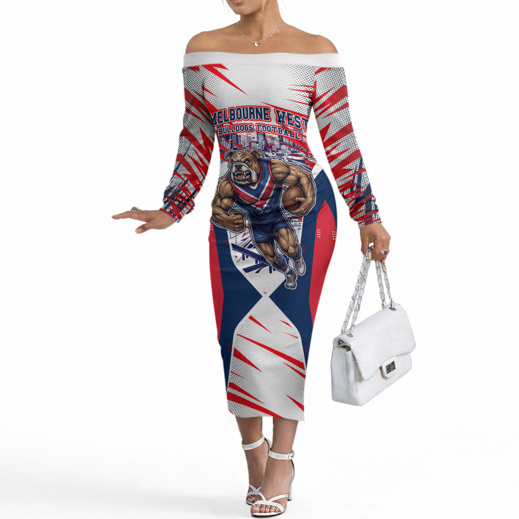 Personalised Western Bulldogs Fan Pride Off The Shoulder Long Sleeve Dress Muscular Bulldog Mascot Graphic Art With Melbourne City Skyline