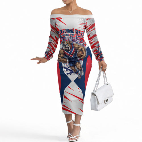 Personalised Western Bulldogs Fan Pride Off The Shoulder Long Sleeve Dress Muscular Bulldog Mascot Graphic Art With Melbourne City Skyline