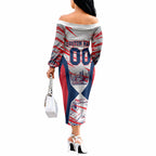 Personalised Western Bulldogs Fan Pride Off The Shoulder Long Sleeve Dress Muscular Bulldog Mascot Graphic Art With Melbourne City Skyline