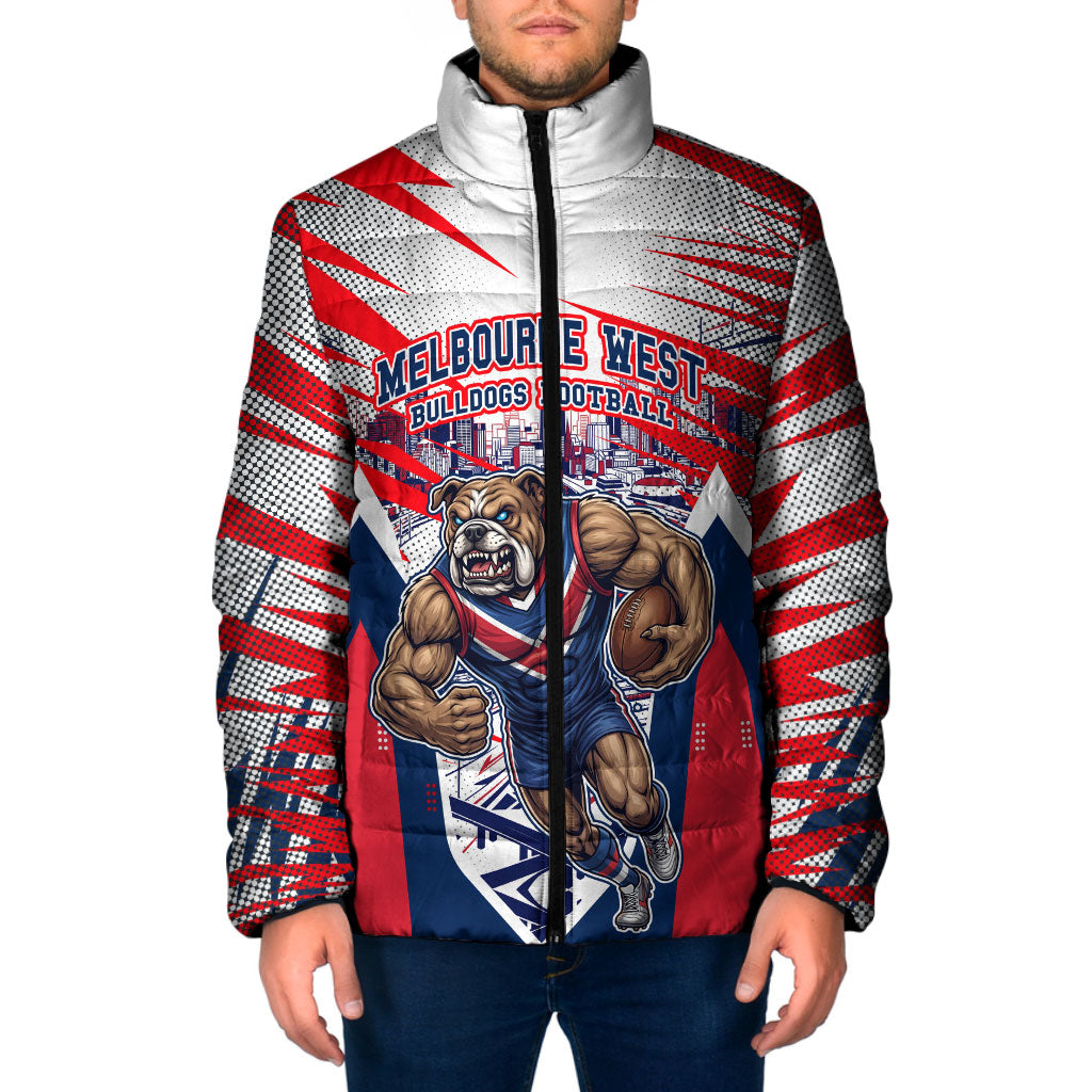 Personalised Western Bulldogs Fan Pride Padded Jacket Muscular Bulldog Mascot Graphic Art With Melbourne City Skyline