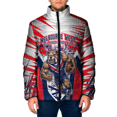 Personalised Western Bulldogs Fan Pride Padded Jacket Muscular Bulldog Mascot Graphic Art With Melbourne City Skyline