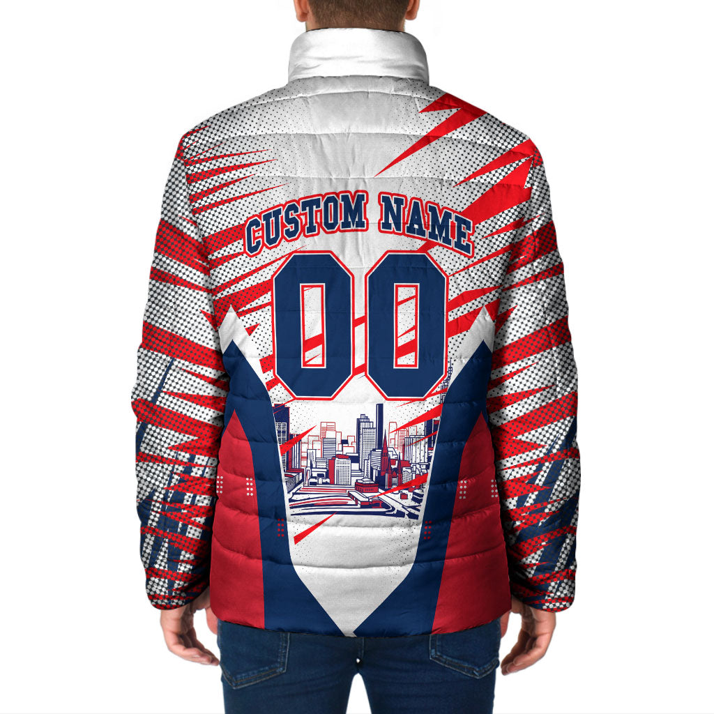 Personalised Western Bulldogs Fan Pride Padded Jacket Muscular Bulldog Mascot Graphic Art With Melbourne City Skyline