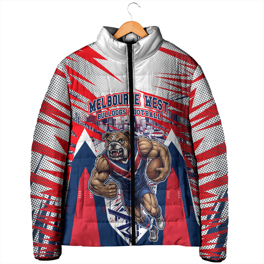 Personalised Western Bulldogs Fan Pride Padded Jacket Muscular Bulldog Mascot Graphic Art With Melbourne City Skyline