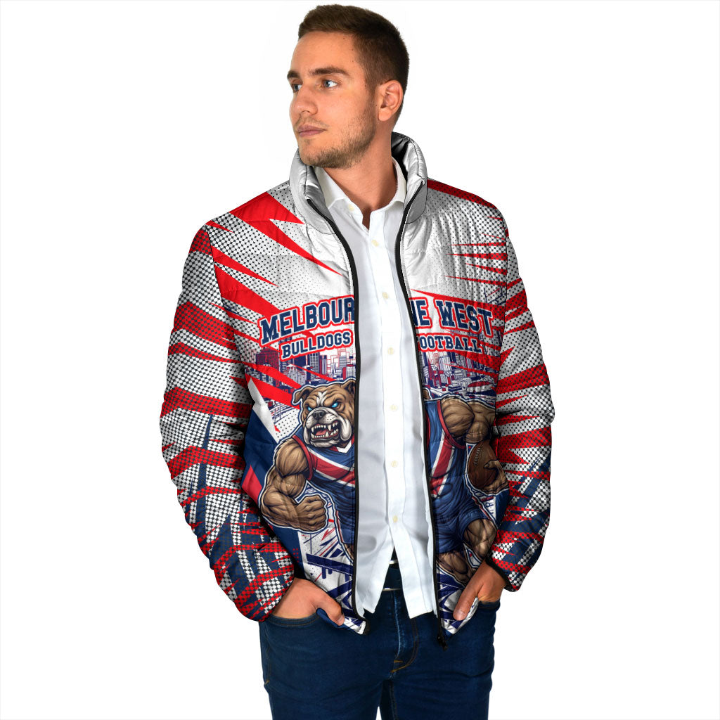 Personalised Western Bulldogs Fan Pride Padded Jacket Muscular Bulldog Mascot Graphic Art With Melbourne City Skyline