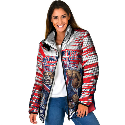 Personalised Western Bulldogs Fan Pride Padded Jacket Muscular Bulldog Mascot Graphic Art With Melbourne City Skyline