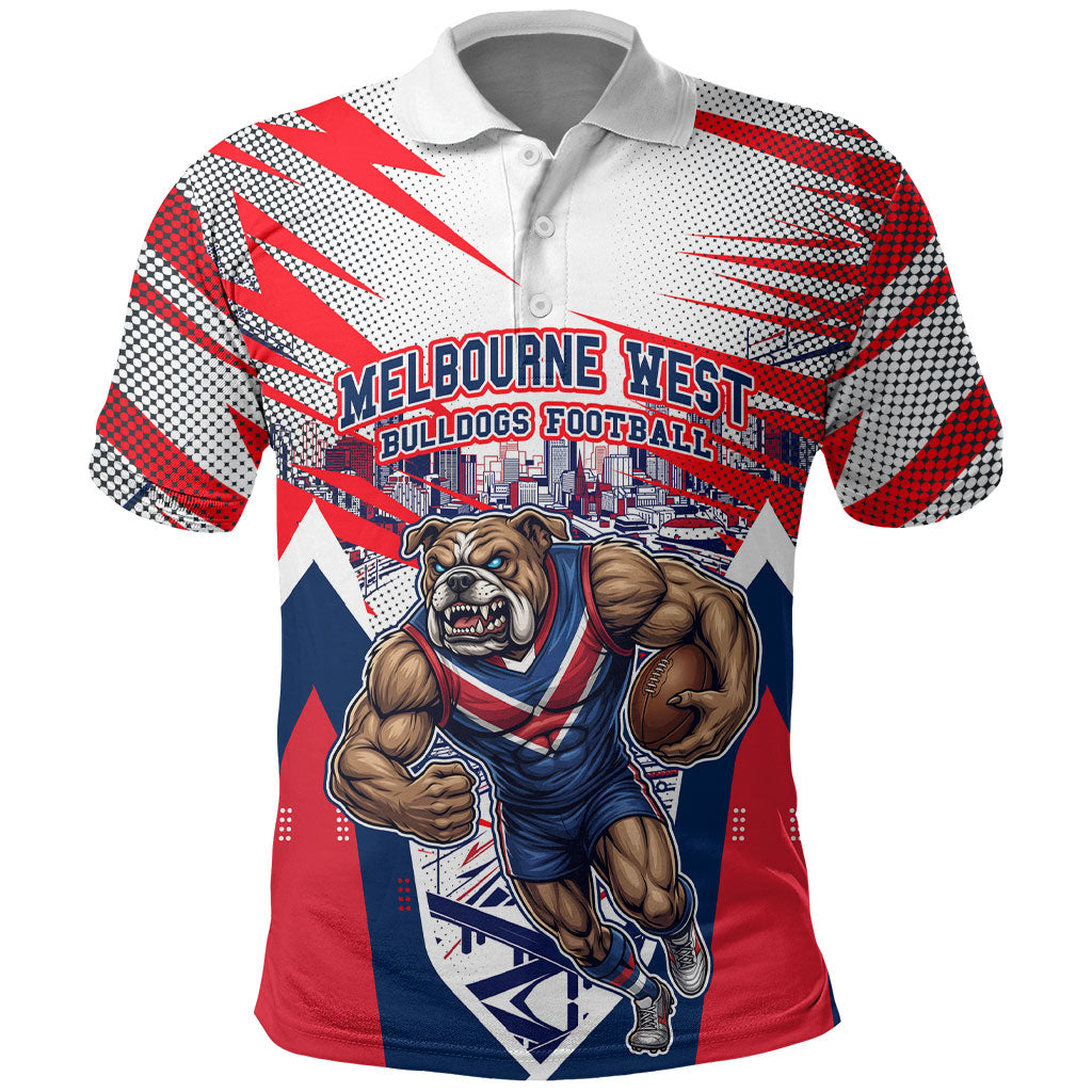 Personalised Western Bulldogs Fan Pride Polo Shirt Muscular Bulldog Mascot Graphic Art With Melbourne City Skyline