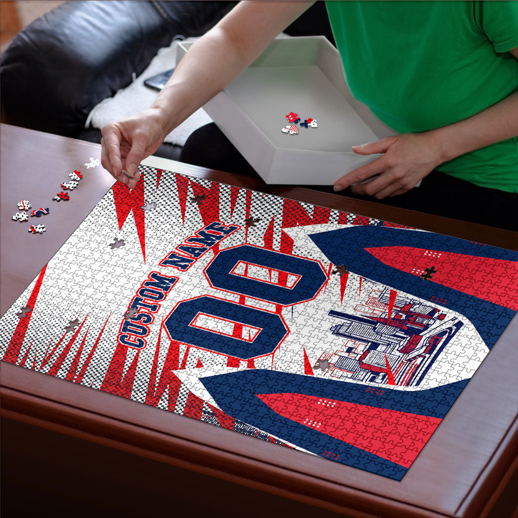 Personalised Western Bulldogs Fan Pride Puzzle Muscular Bulldog Mascot Graphic Art With Melbourne City Skyline
