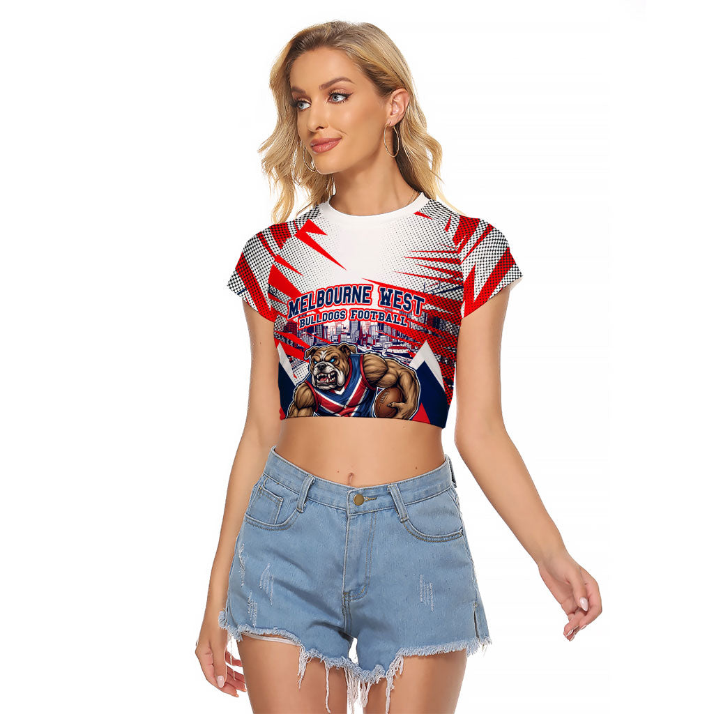Personalised Western Bulldogs Fan Pride Raglan Cropped T Shirt Muscular Bulldog Mascot Graphic Art With Melbourne City Skyline