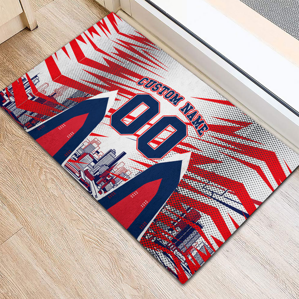 Personalised Western Bulldogs Fan Pride Rubber Doormat Muscular Bulldog Mascot Graphic Art With Melbourne City Skyline
