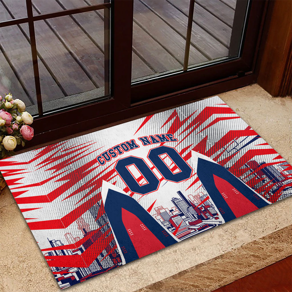 Personalised Western Bulldogs Fan Pride Rubber Doormat Muscular Bulldog Mascot Graphic Art With Melbourne City Skyline