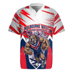 Personalised Western Bulldogs Fan Pride Rugby Jersey Muscular Bulldog Mascot Graphic Art With Melbourne City Skyline