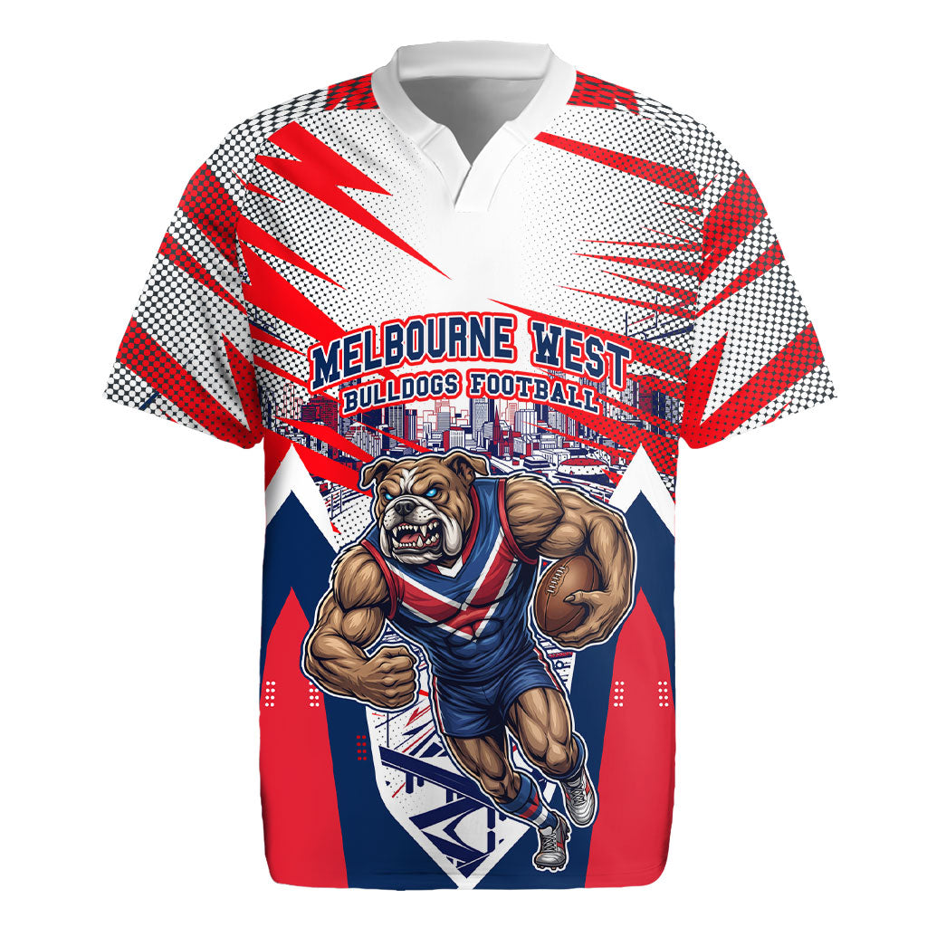 Personalised Western Bulldogs Fan Pride Rugby Jersey Muscular Bulldog Mascot Graphic Art With Melbourne City Skyline
