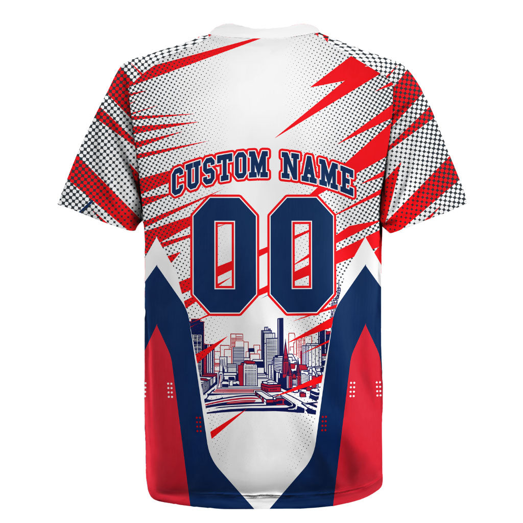 Personalised Western Bulldogs Fan Pride Rugby Jersey Muscular Bulldog Mascot Graphic Art With Melbourne City Skyline