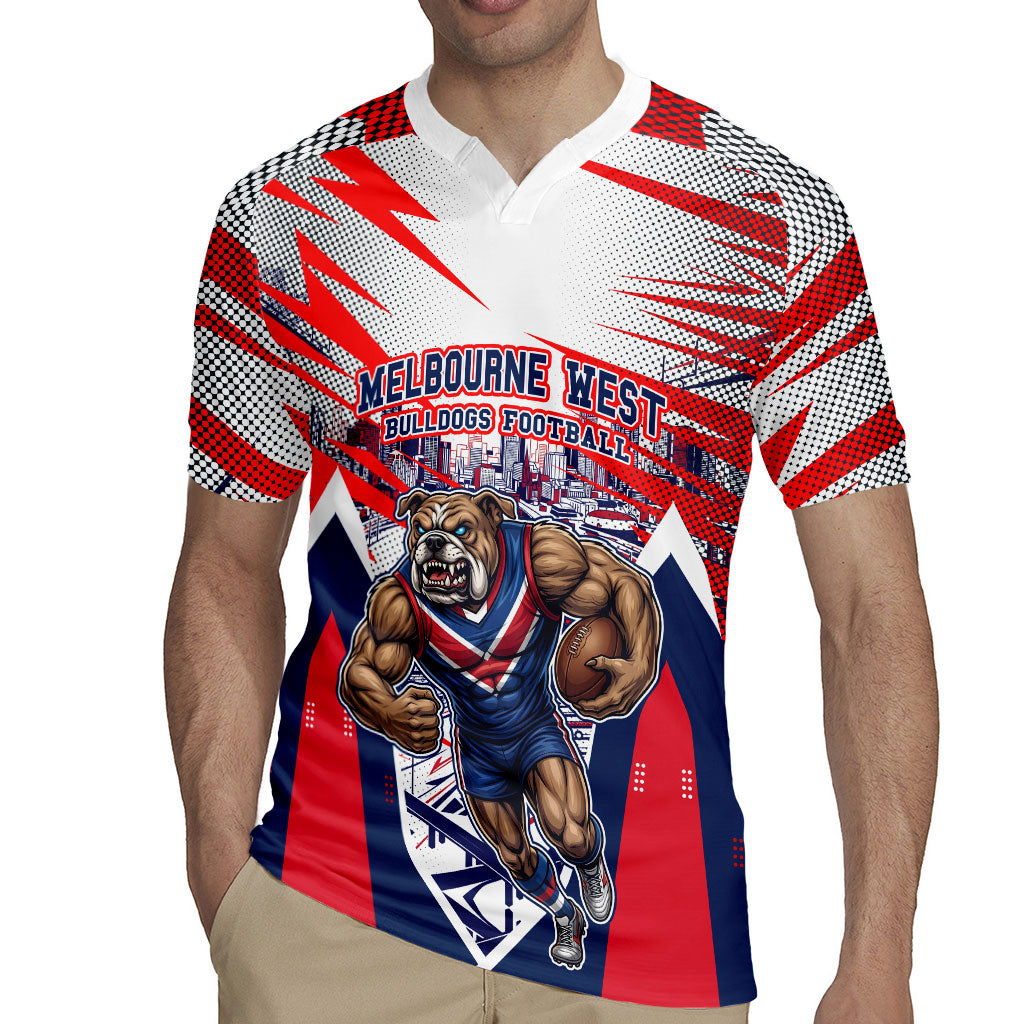 Personalised Western Bulldogs Fan Pride Rugby Jersey Muscular Bulldog Mascot Graphic Art With Melbourne City Skyline