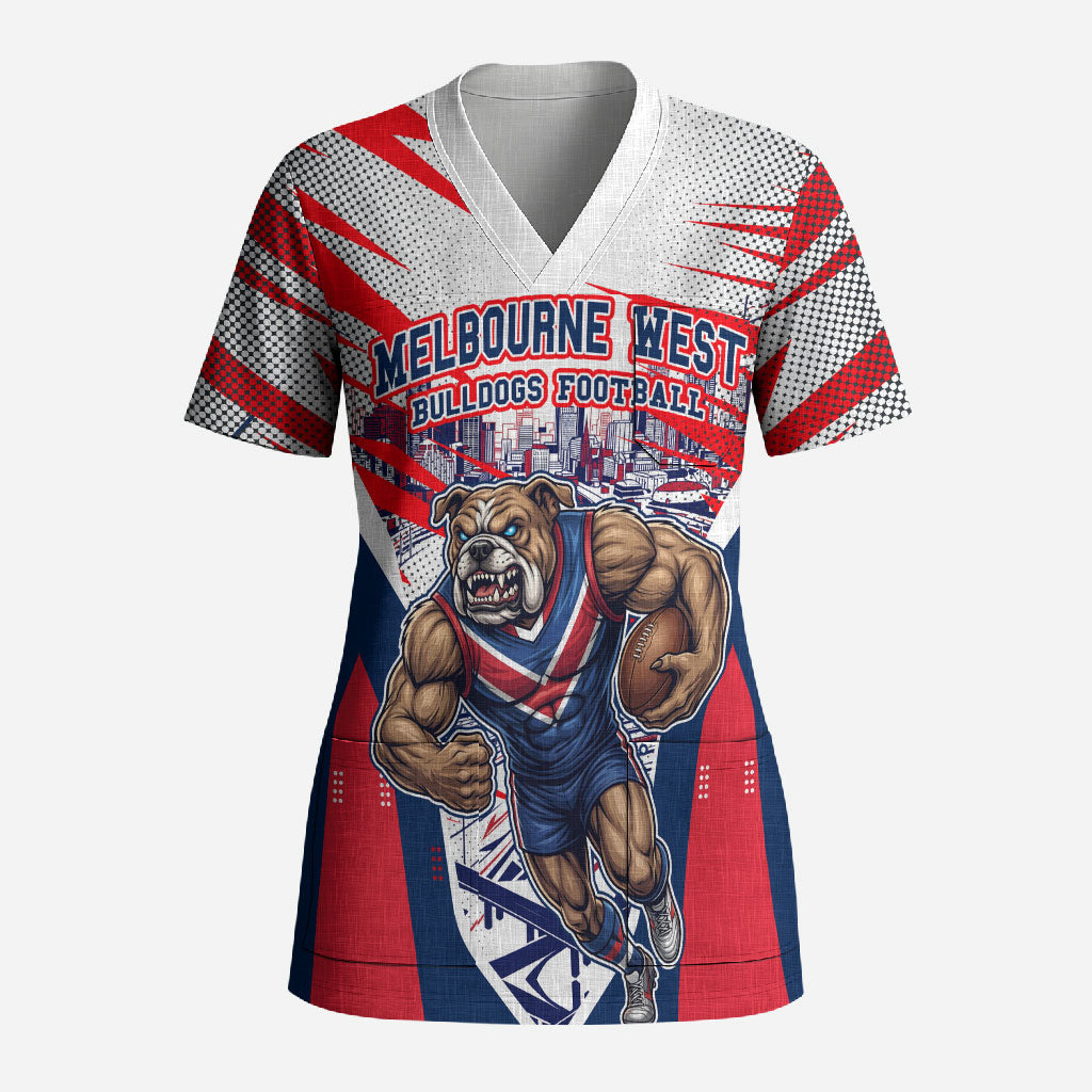 Personalised Western Bulldogs Fan Pride Scrub Top Muscular Bulldog Mascot Graphic Art With Melbourne City Skyline