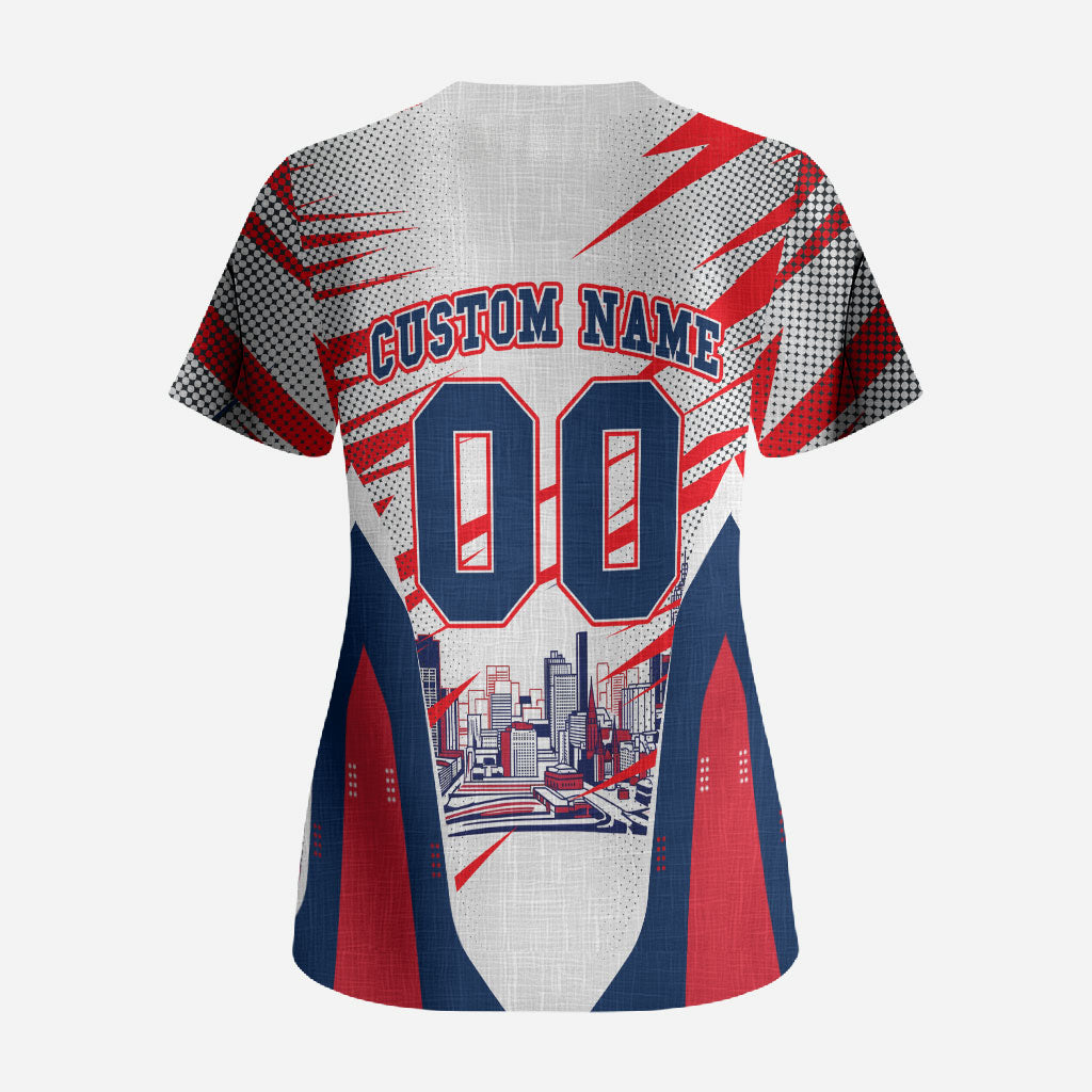 Personalised Western Bulldogs Fan Pride Scrub Top Muscular Bulldog Mascot Graphic Art With Melbourne City Skyline