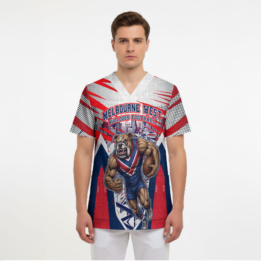 Personalised Western Bulldogs Fan Pride Scrub Top Muscular Bulldog Mascot Graphic Art With Melbourne City Skyline