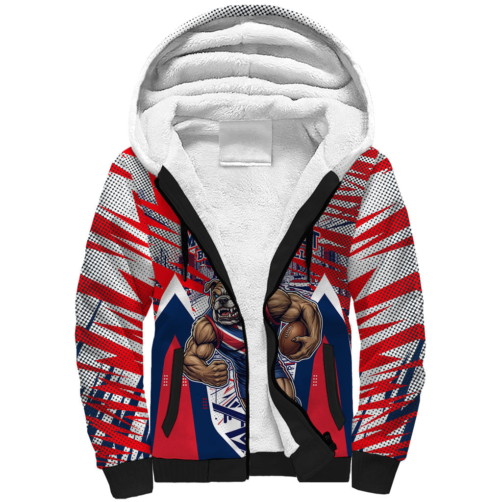Personalised Western Bulldogs Fan Pride Sherpa Hoodie Muscular Bulldog Mascot Graphic Art With Melbourne City Skyline