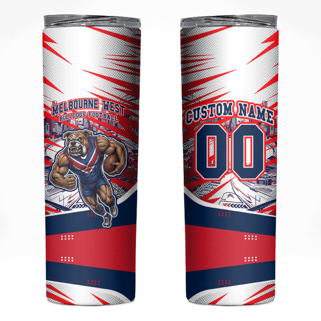 Personalised Western Bulldogs Fan Pride Skinny Tumbler Muscular Bulldog Mascot Graphic Art With Melbourne City Skyline