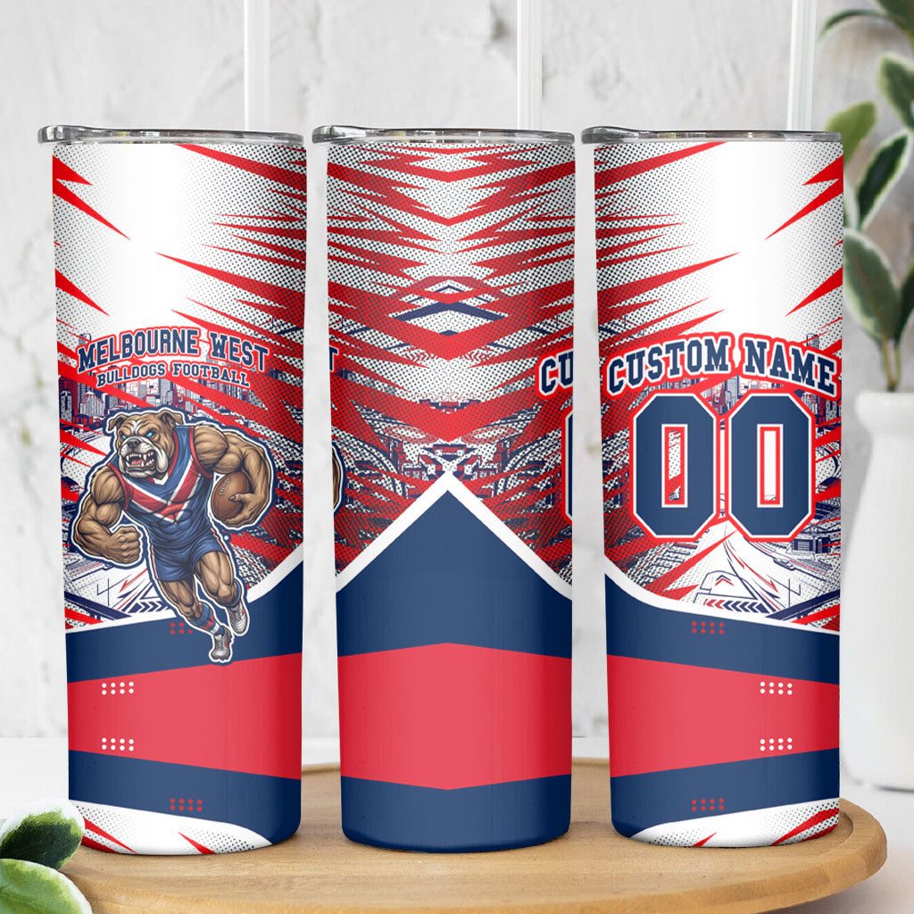 Personalised Western Bulldogs Fan Pride Skinny Tumbler Muscular Bulldog Mascot Graphic Art With Melbourne City Skyline