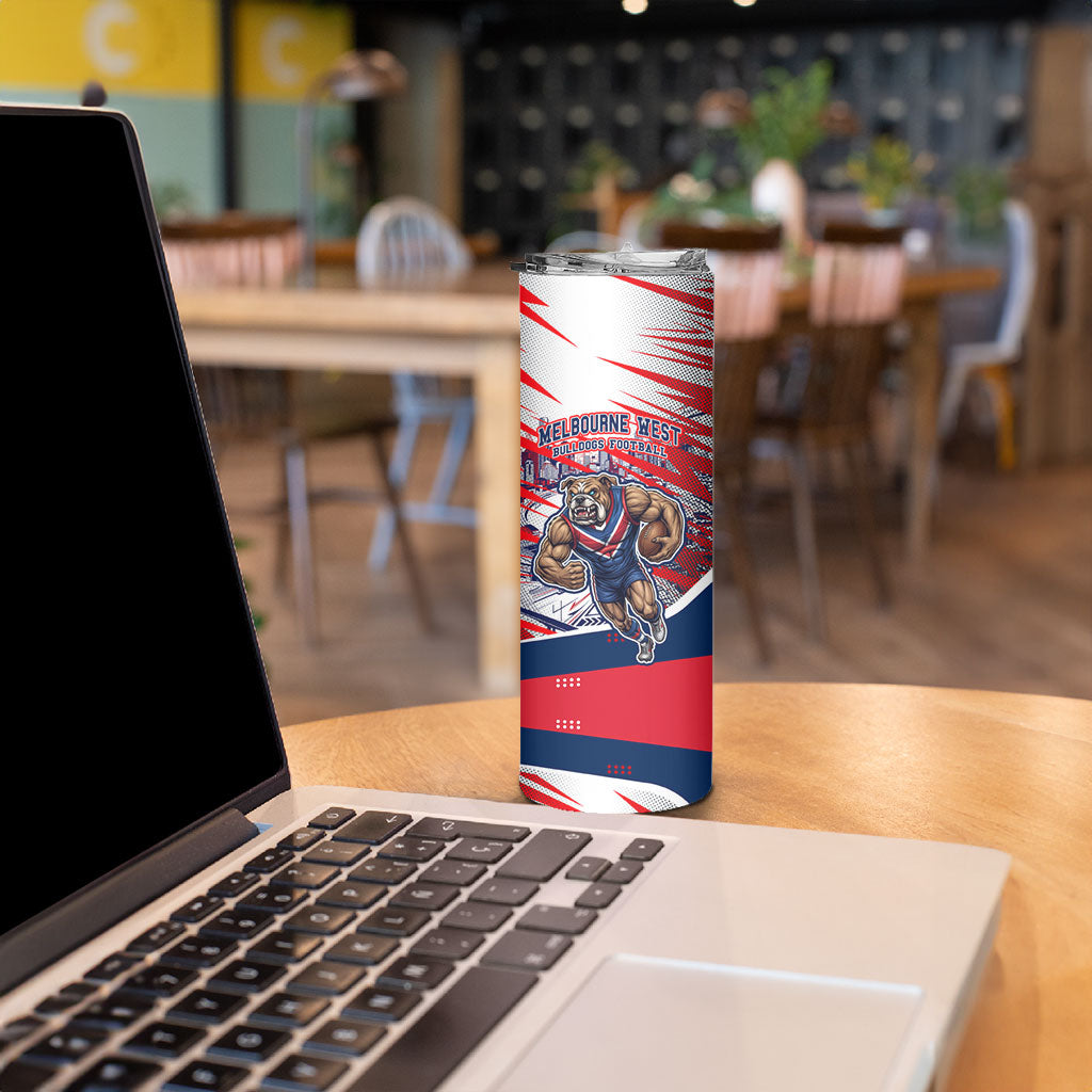 Personalised Western Bulldogs Fan Pride Skinny Tumbler Muscular Bulldog Mascot Graphic Art With Melbourne City Skyline