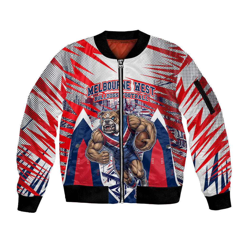 Personalised Western Bulldogs Fan Pride Sleeve Zip Bomber Jacket Muscular Bulldog Mascot Graphic Art With Melbourne City Skyline