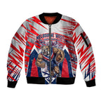 Personalised Western Bulldogs Fan Pride Sleeve Zip Bomber Jacket Muscular Bulldog Mascot Graphic Art With Melbourne City Skyline