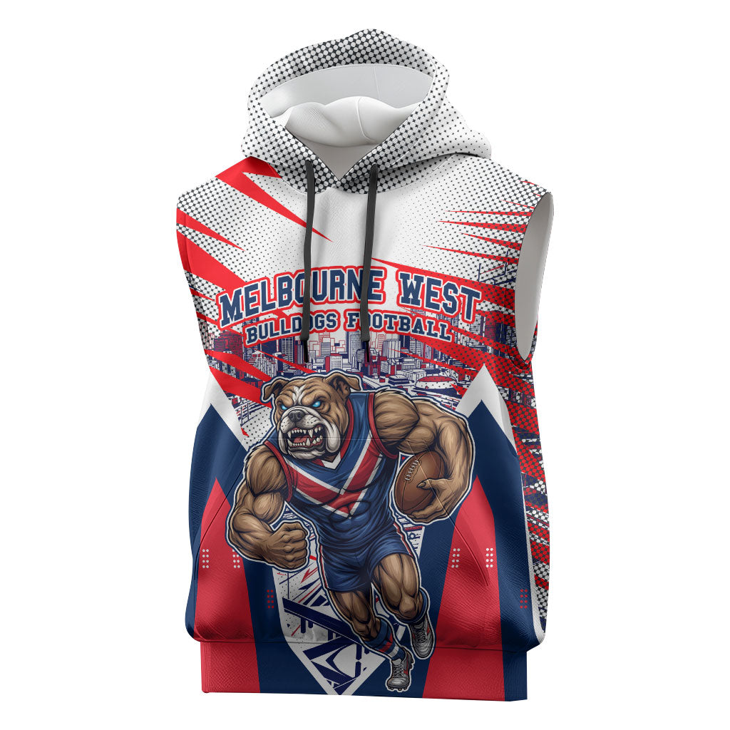 Personalised Western Bulldogs Fan Pride Sleeveless Hoodie Muscular Bulldog Mascot Graphic Art With Melbourne City Skyline