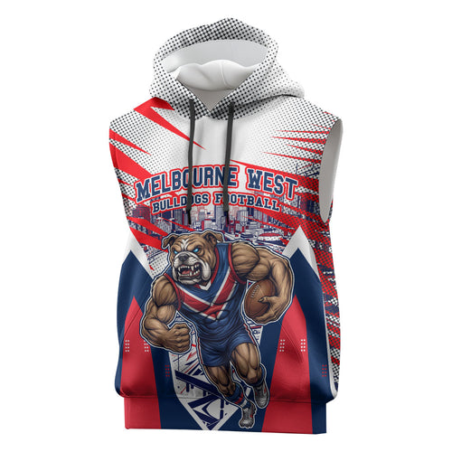 Personalised Western Bulldogs Fan Pride Sleeveless Hoodie Muscular Bulldog Mascot Graphic Art With Melbourne City Skyline