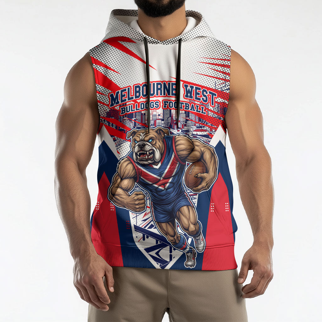 Personalised Western Bulldogs Fan Pride Sleeveless Hoodie Muscular Bulldog Mascot Graphic Art With Melbourne City Skyline
