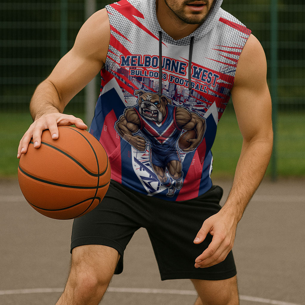 Personalised Western Bulldogs Fan Pride Sleeveless Hoodie Muscular Bulldog Mascot Graphic Art With Melbourne City Skyline