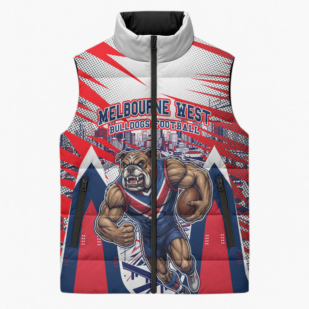 Personalised Western Bulldogs Fan Pride Sleeveless Puffer Jacket Muscular Bulldog Mascot Graphic Art With Melbourne City Skyline