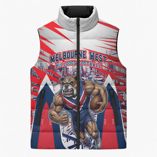 Personalised Western Bulldogs Fan Pride Sleeveless Puffer Jacket Muscular Bulldog Mascot Graphic Art With Melbourne City Skyline