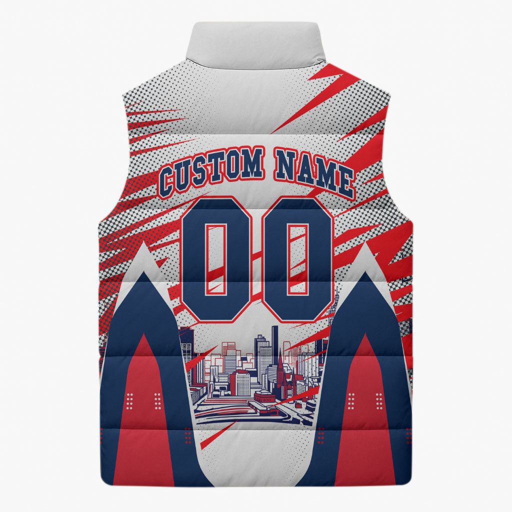 Personalised Western Bulldogs Fan Pride Sleeveless Puffer Jacket Muscular Bulldog Mascot Graphic Art With Melbourne City Skyline