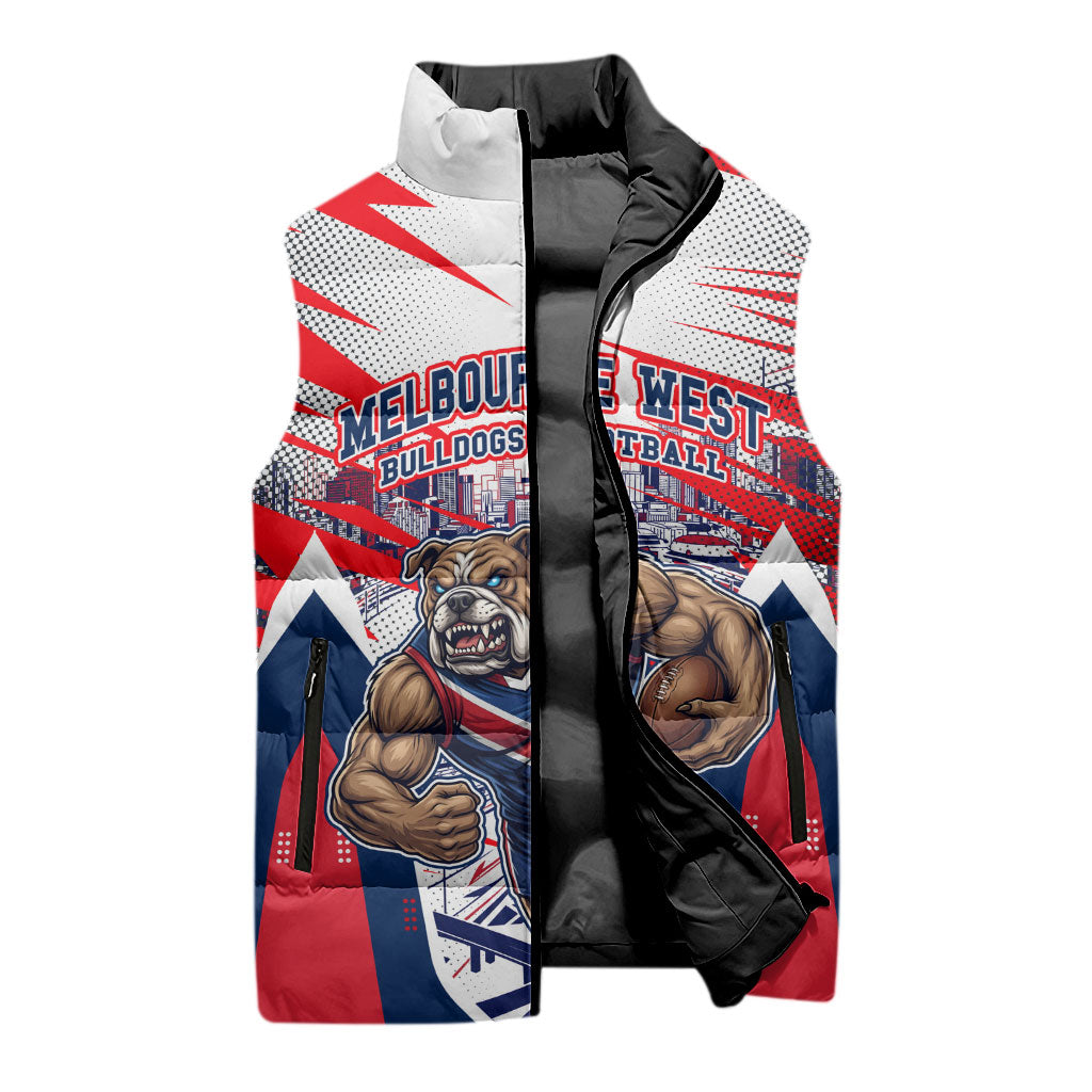 Personalised Western Bulldogs Fan Pride Sleeveless Puffer Jacket Muscular Bulldog Mascot Graphic Art With Melbourne City Skyline