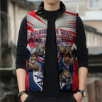 Personalised Western Bulldogs Fan Pride Sleeveless Puffer Jacket Muscular Bulldog Mascot Graphic Art With Melbourne City Skyline