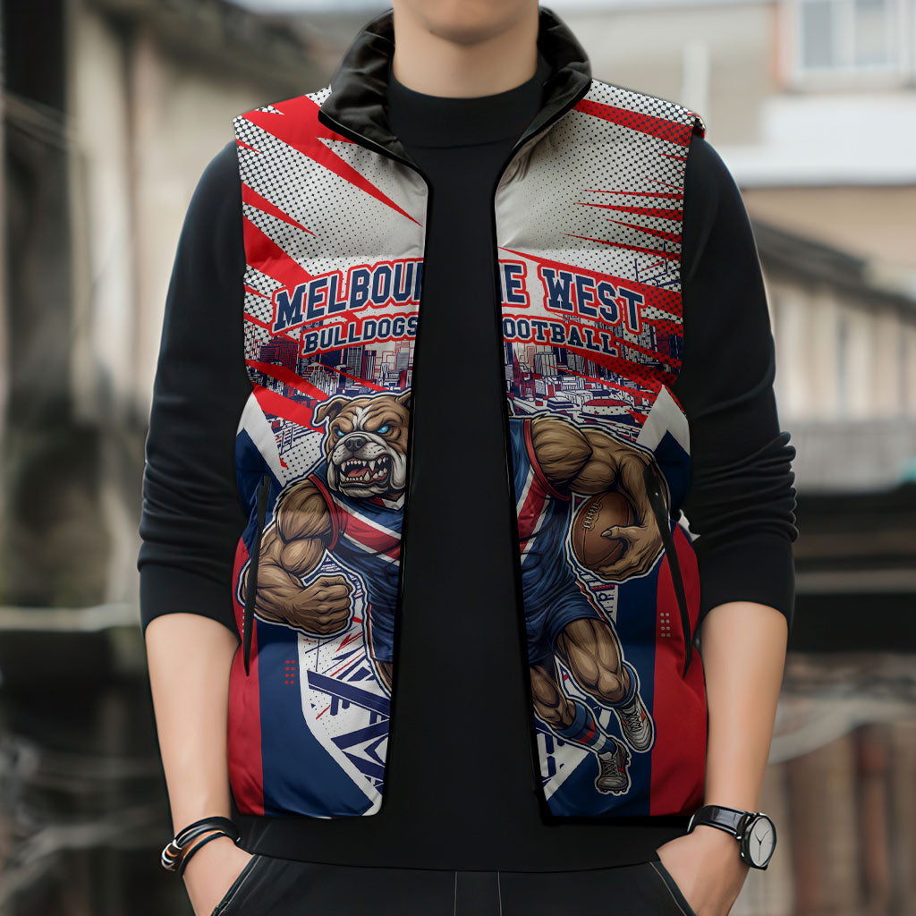 Personalised Western Bulldogs Fan Pride Sleeveless Puffer Jacket Muscular Bulldog Mascot Graphic Art With Melbourne City Skyline