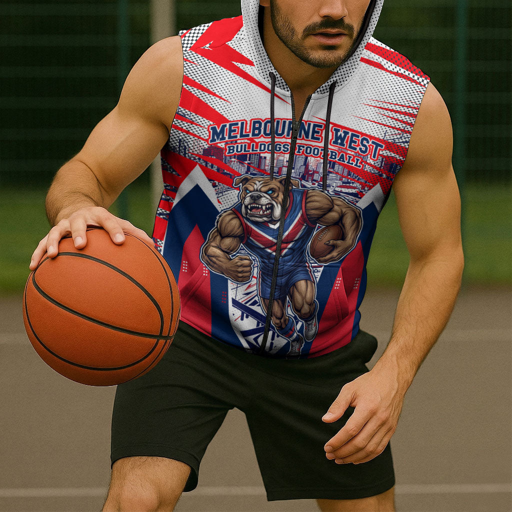 Personalised Western Bulldogs Fan Pride Sleeveless Zip Hoodie Muscular Bulldog Mascot Graphic Art With Melbourne City Skyline