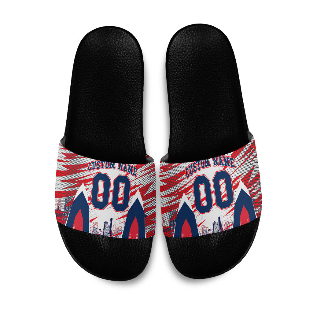 Personalised Western Bulldogs Fan Pride Slide Sandals Muscular Bulldog Mascot Graphic Art With Melbourne City Skyline
