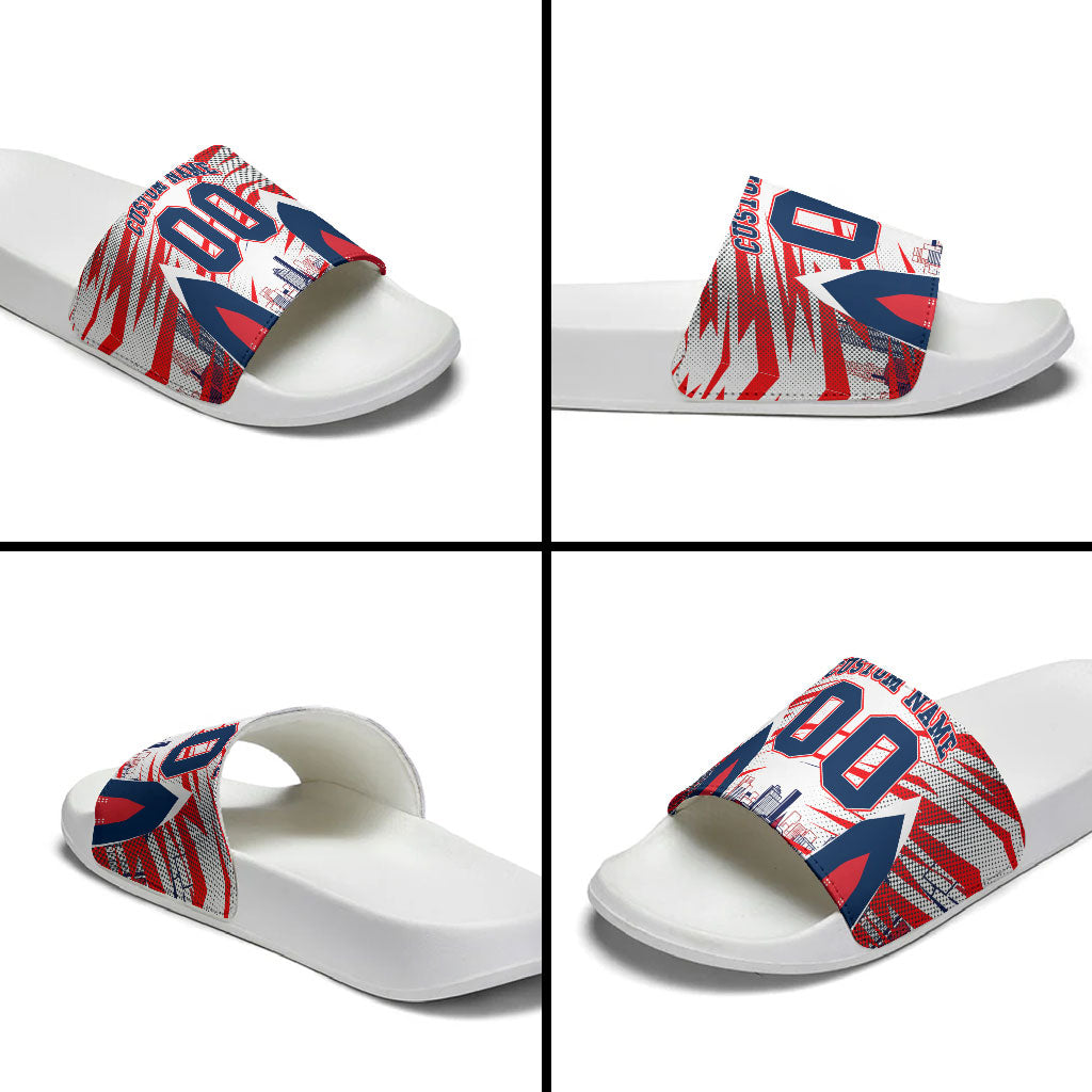 Personalised Western Bulldogs Fan Pride Slide Sandals Muscular Bulldog Mascot Graphic Art With Melbourne City Skyline