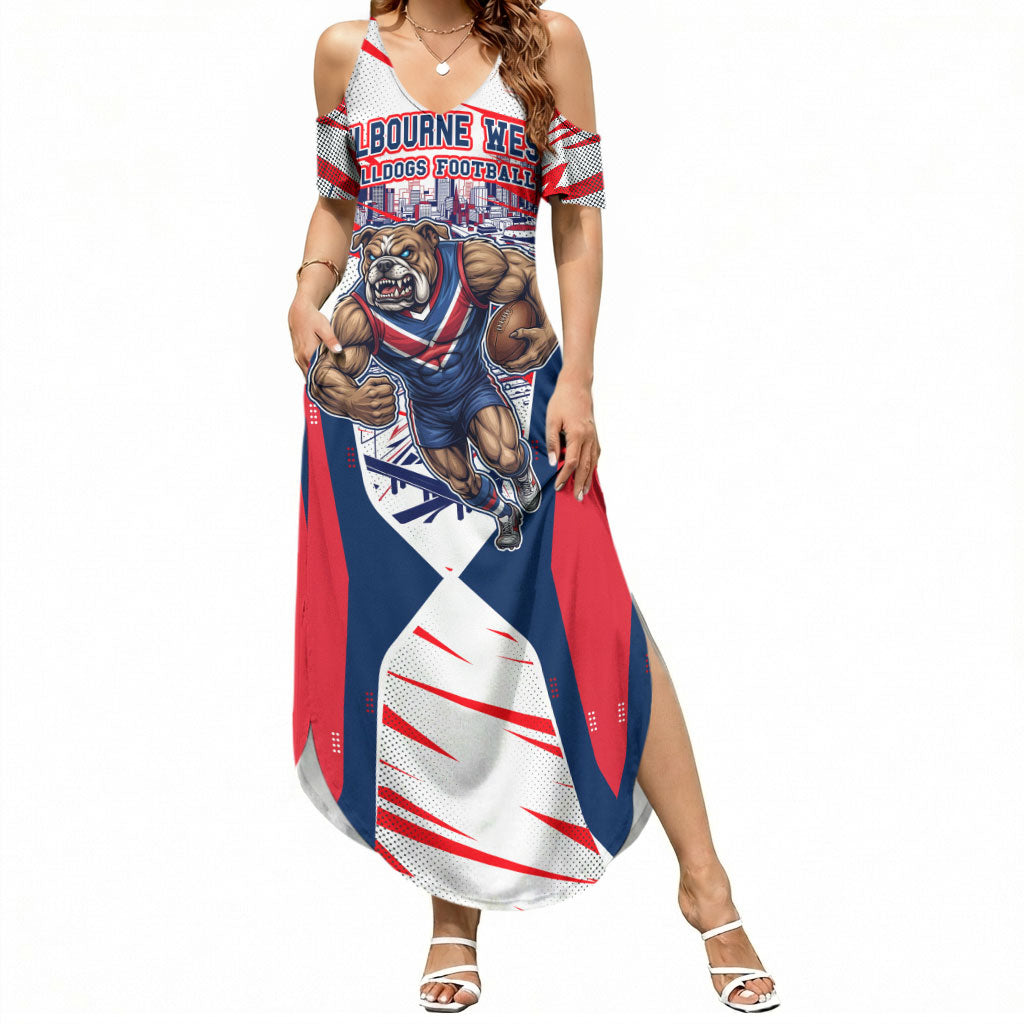 Personalised Western Bulldogs Fan Pride Summer Maxi Dress Muscular Bulldog Mascot Graphic Art With Melbourne City Skyline