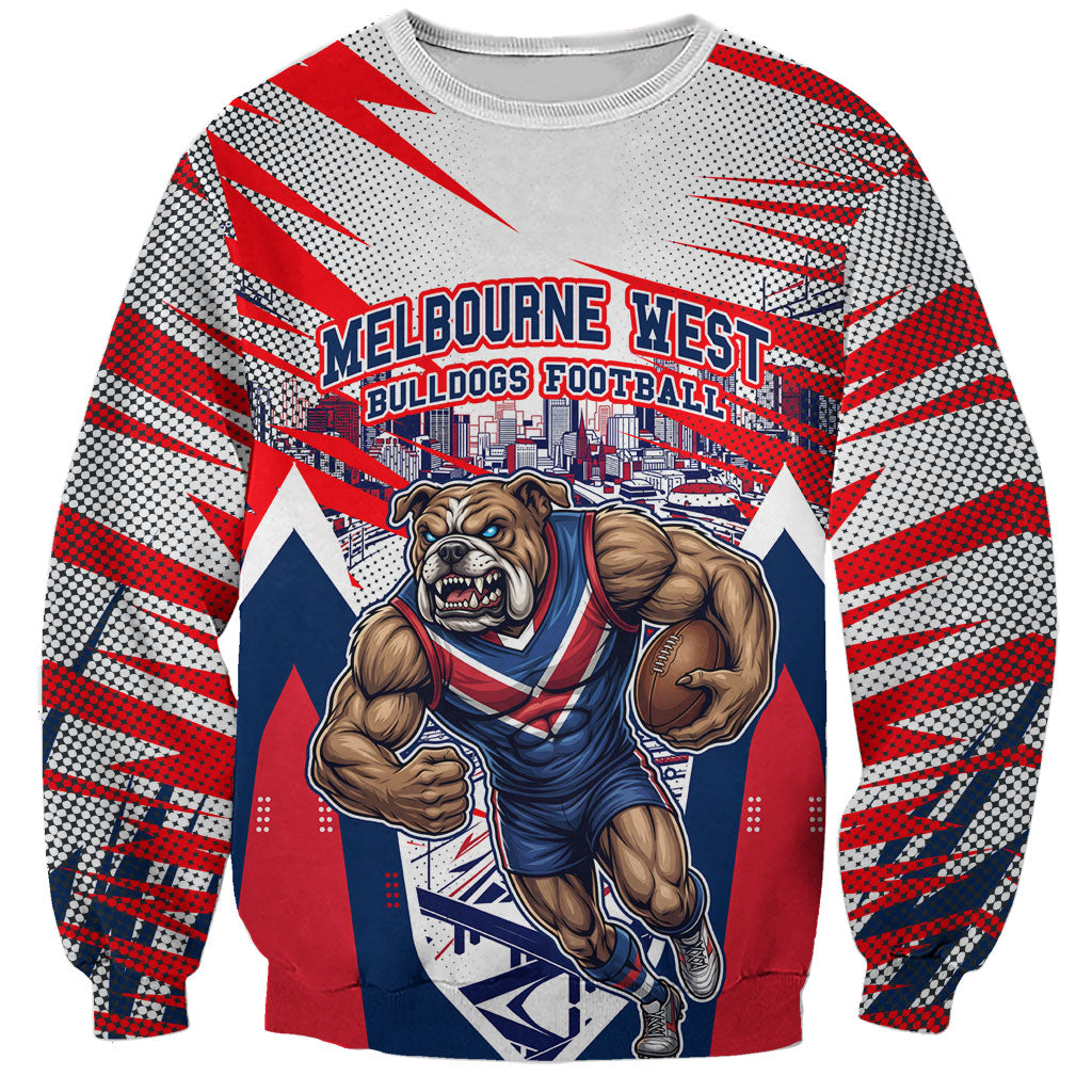 Personalised Western Bulldogs Fan Pride Sweatshirt Muscular Bulldog Mascot Graphic Art With Melbourne City Skyline
