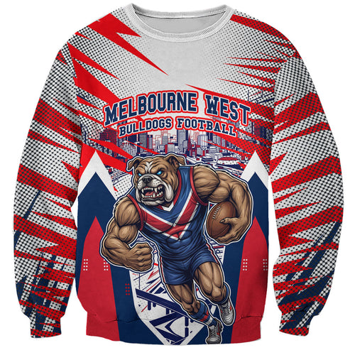 Personalised Western Bulldogs Fan Pride Sweatshirt Muscular Bulldog Mascot Graphic Art With Melbourne City Skyline