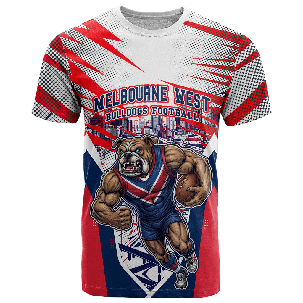 Personalised Western Bulldogs Fan Pride T Shirt Muscular Bulldog Mascot Graphic Art With Melbourne City Skyline