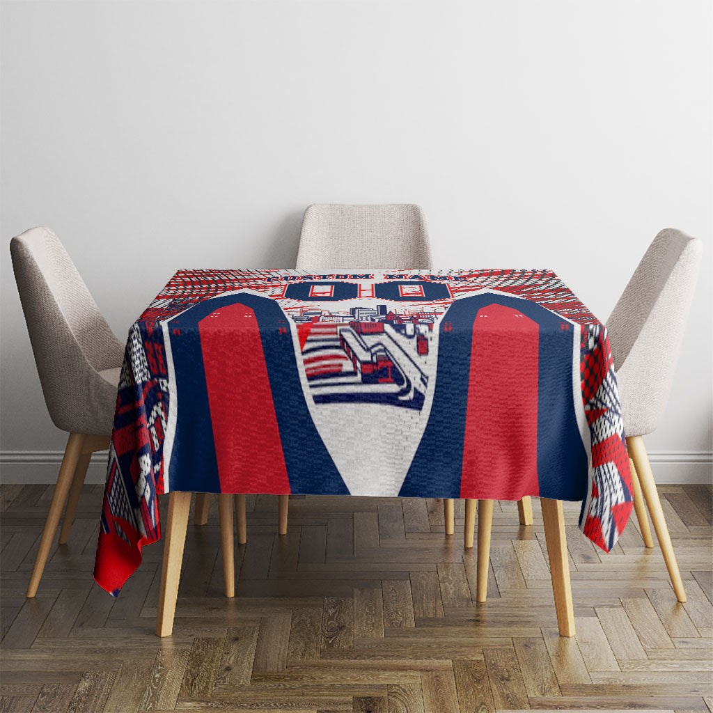 Personalised Western Bulldogs Fan Pride Tablecloth Muscular Bulldog Mascot Graphic Art With Melbourne City Skyline